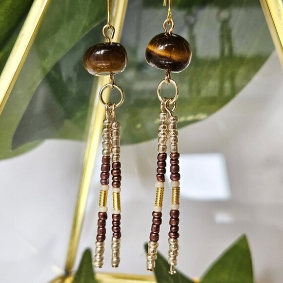 2/$27 | Genuine Tigers Eye Beaded Indigenous Native Fringe Earrings | Handmade - Picture 6 of 6